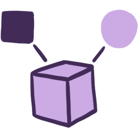 a lilac cube on it, 2 lines go from the cube to a square and a lilac circle.